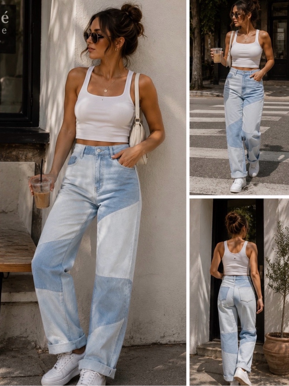 Le Lis Two-Tone Light Blue Patchwork Straight-Leg Jeans